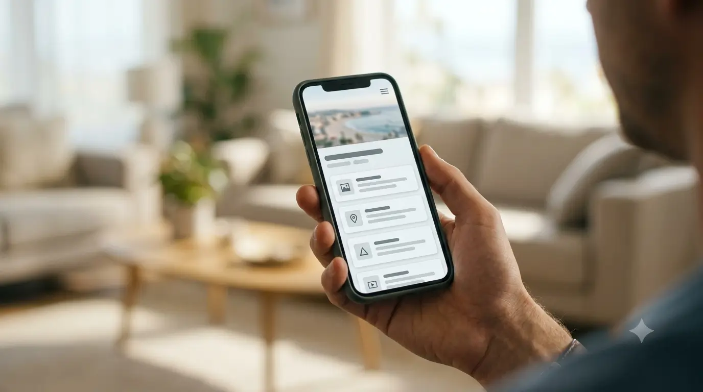 A guest opens a digital guidebook on a phone during their stay at a vacation rental.