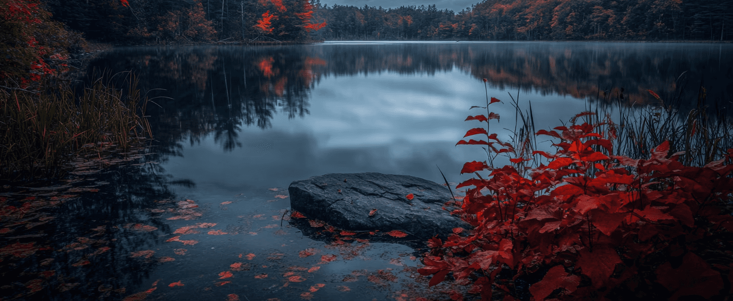 Autumn landscape in a lake, early morning, strong yellow and deep dark blue