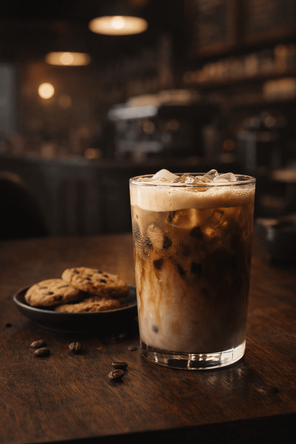 Glass of iced coffee with visible milk layers placed on a wooden table beside cookies in a softly lit café setting.
