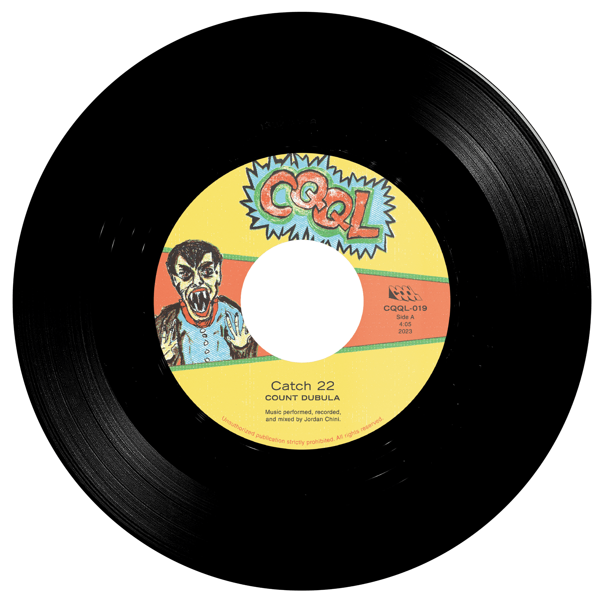 Vinyl record with a colorful label featuring a hand drawn vampire cartoon and text.
