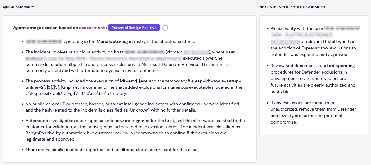 Ein Screenshot eines Berichts über einen Sicherheitsvorfall, der verdächtige Aktivitäten im Zusammenhang mit Microsoft Defender Antivirus aufzeigt, einschließlich ausgeführter PowerShell-Befehle und Ausnahmen für verschiedene ausführbare Dateien im Zusammenhang mit der Sicherheitsüberprüfung.