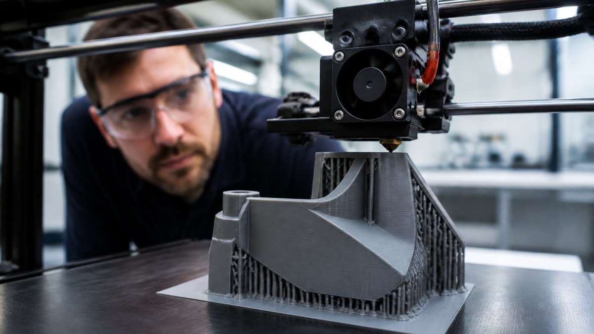 Diagram showing support structures needed to print complex geometries layer by layer on a 3D printer build plate