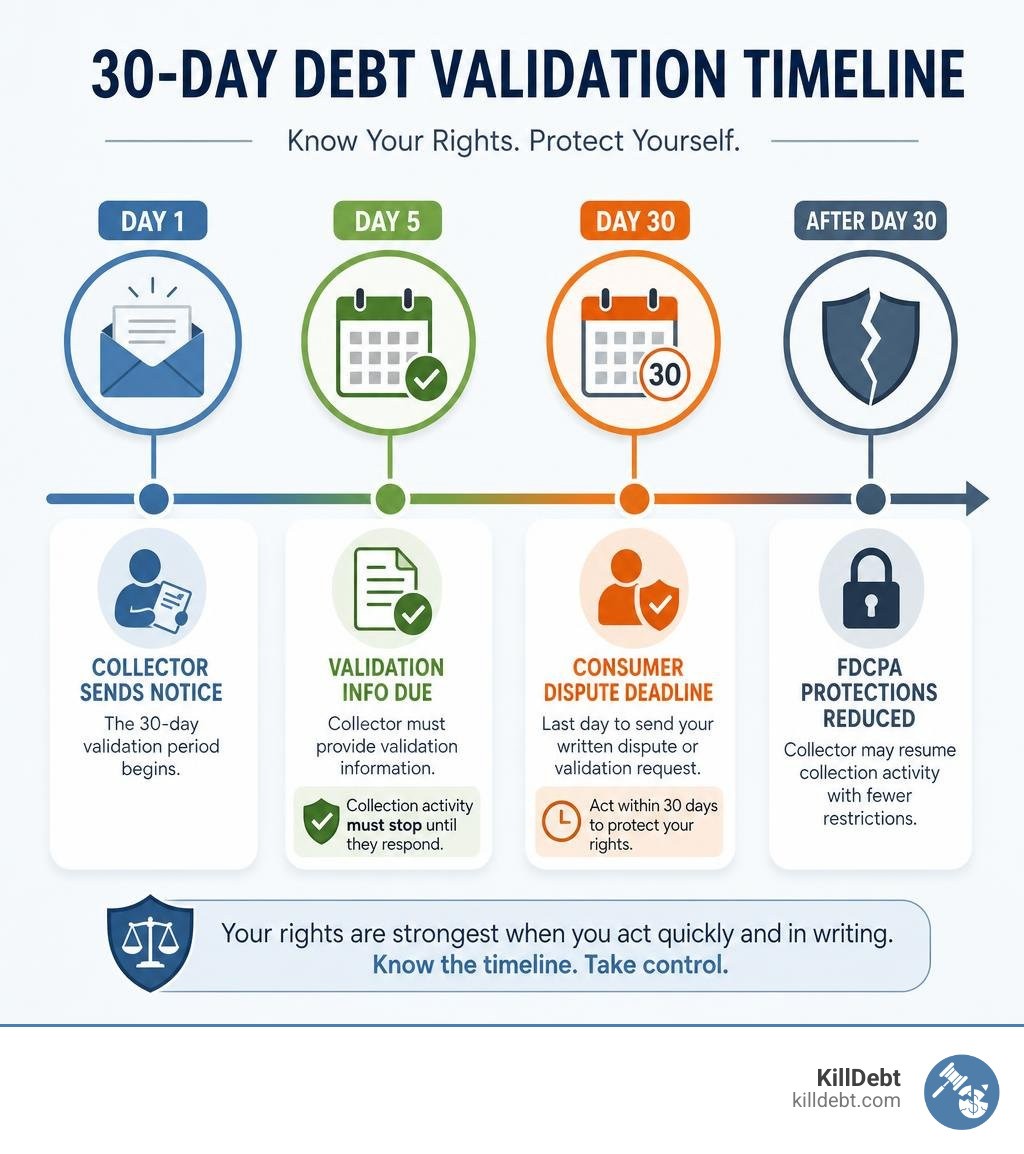 30-day debt validation timeline: Day 1 collector sends notice, Day 5 validation info due, Day 30 consumer dispute deadline