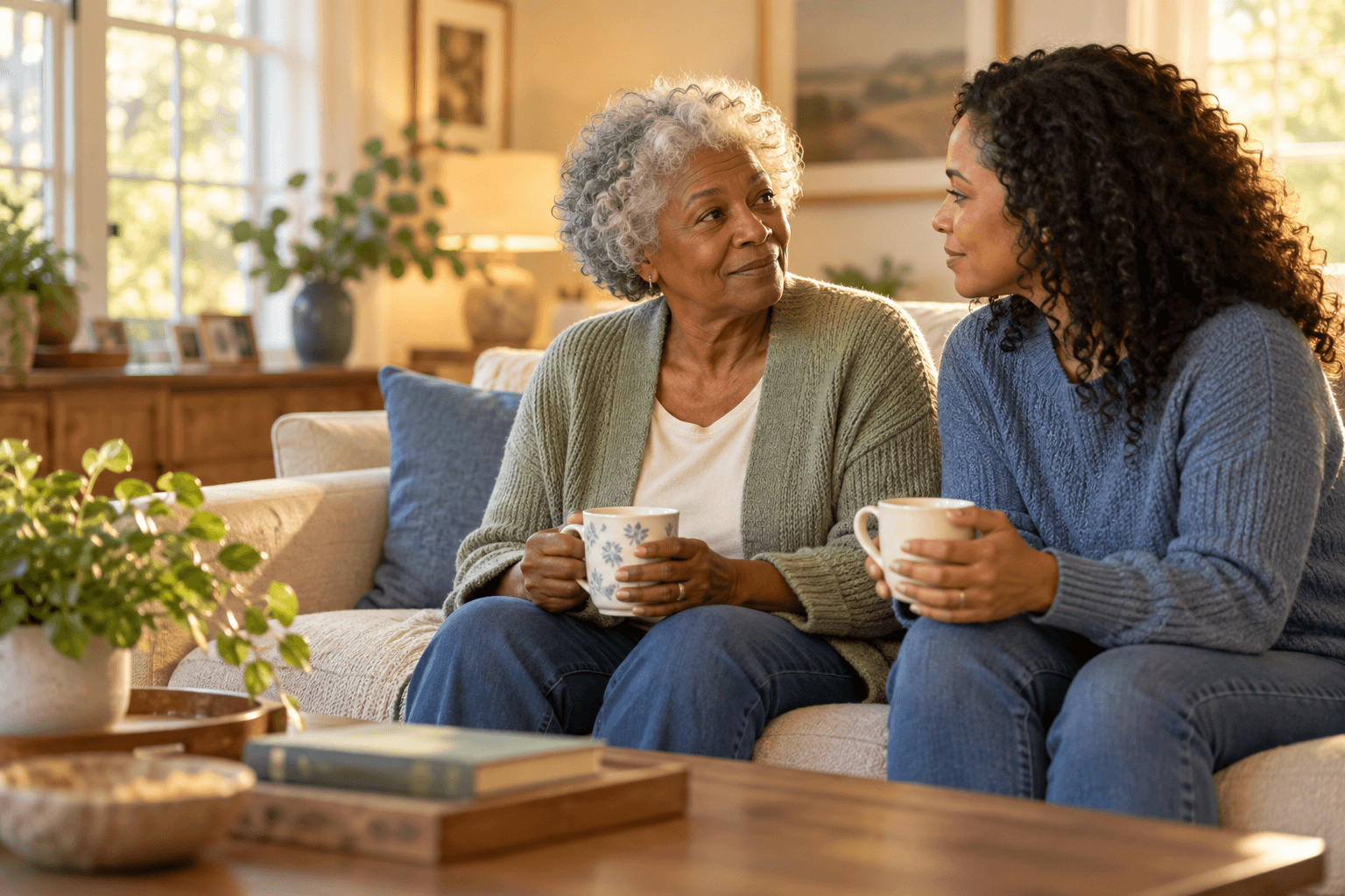 Older adult talking with a family member at home