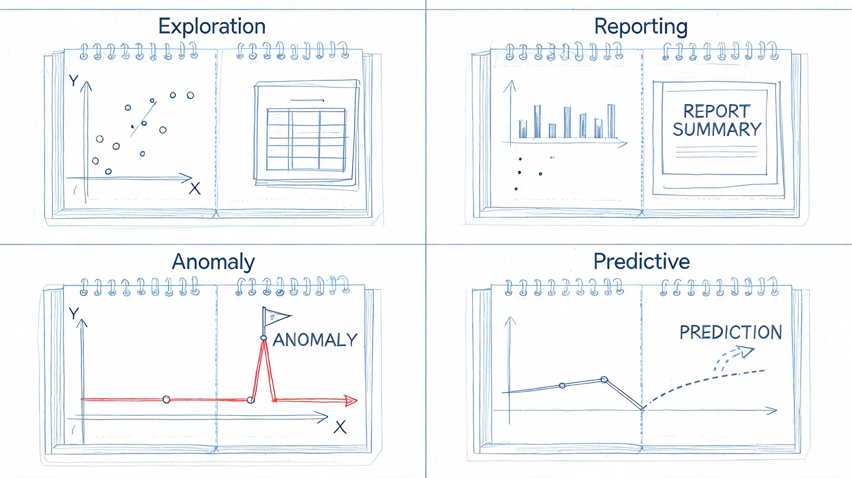 Four hand-drawn sketches showing data analysis concepts: exploration, reporting, anomaly detection, and predictive modeling.