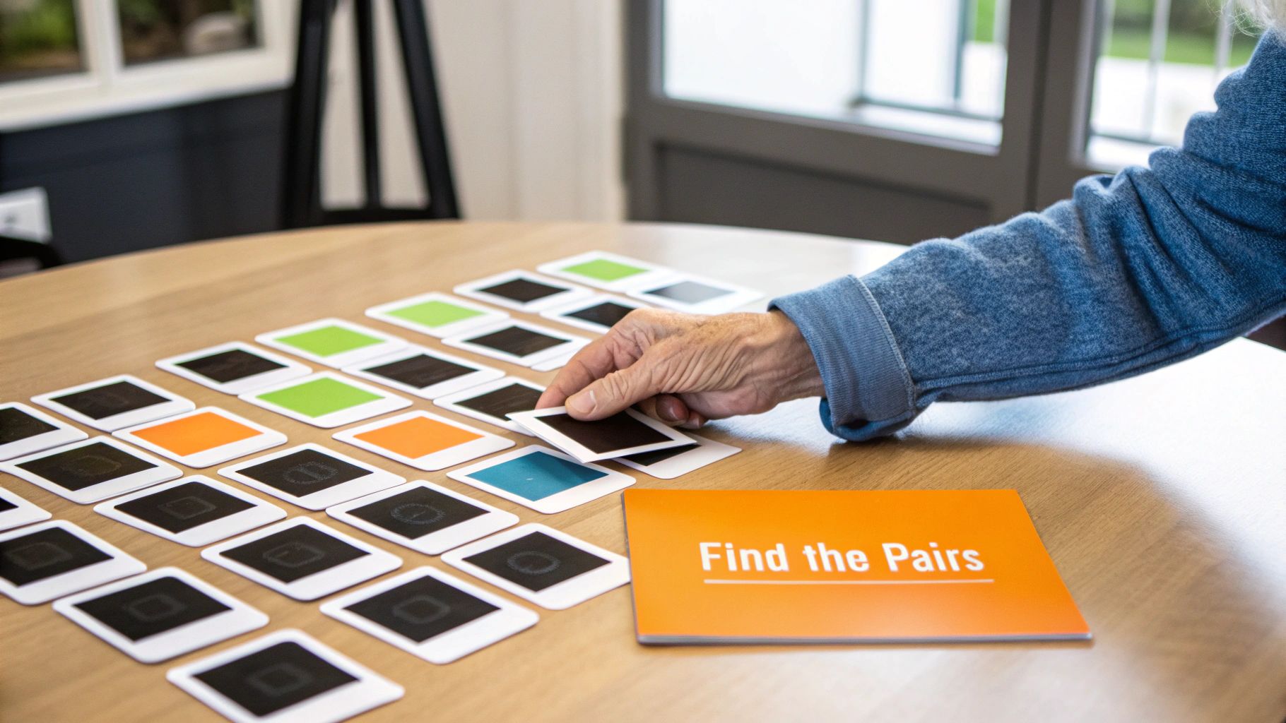A senior's hand picks up a game card from a memory matching game on a wooden table.