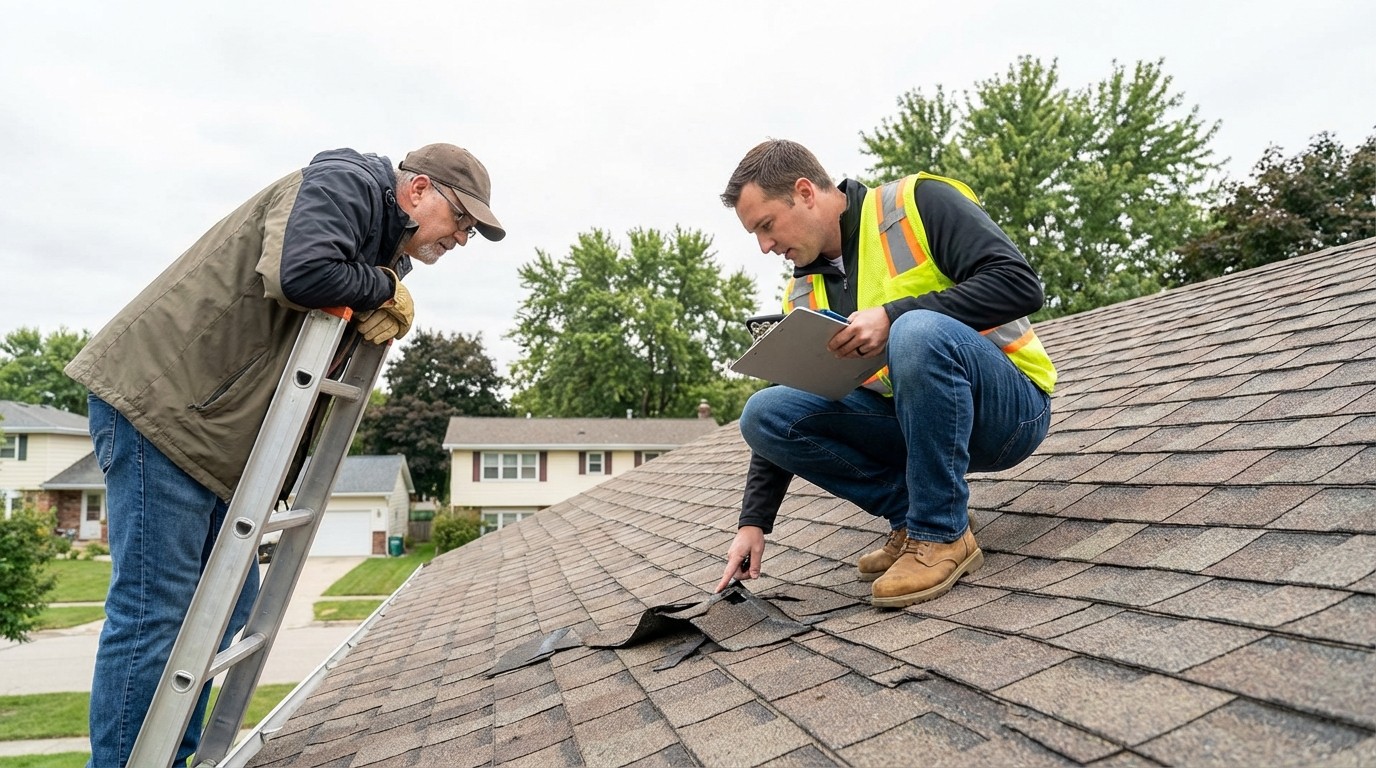 Insurance adjuster inspecting roof damage during claim inspection