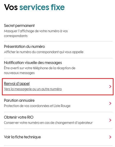 Menu renvoi d'appel