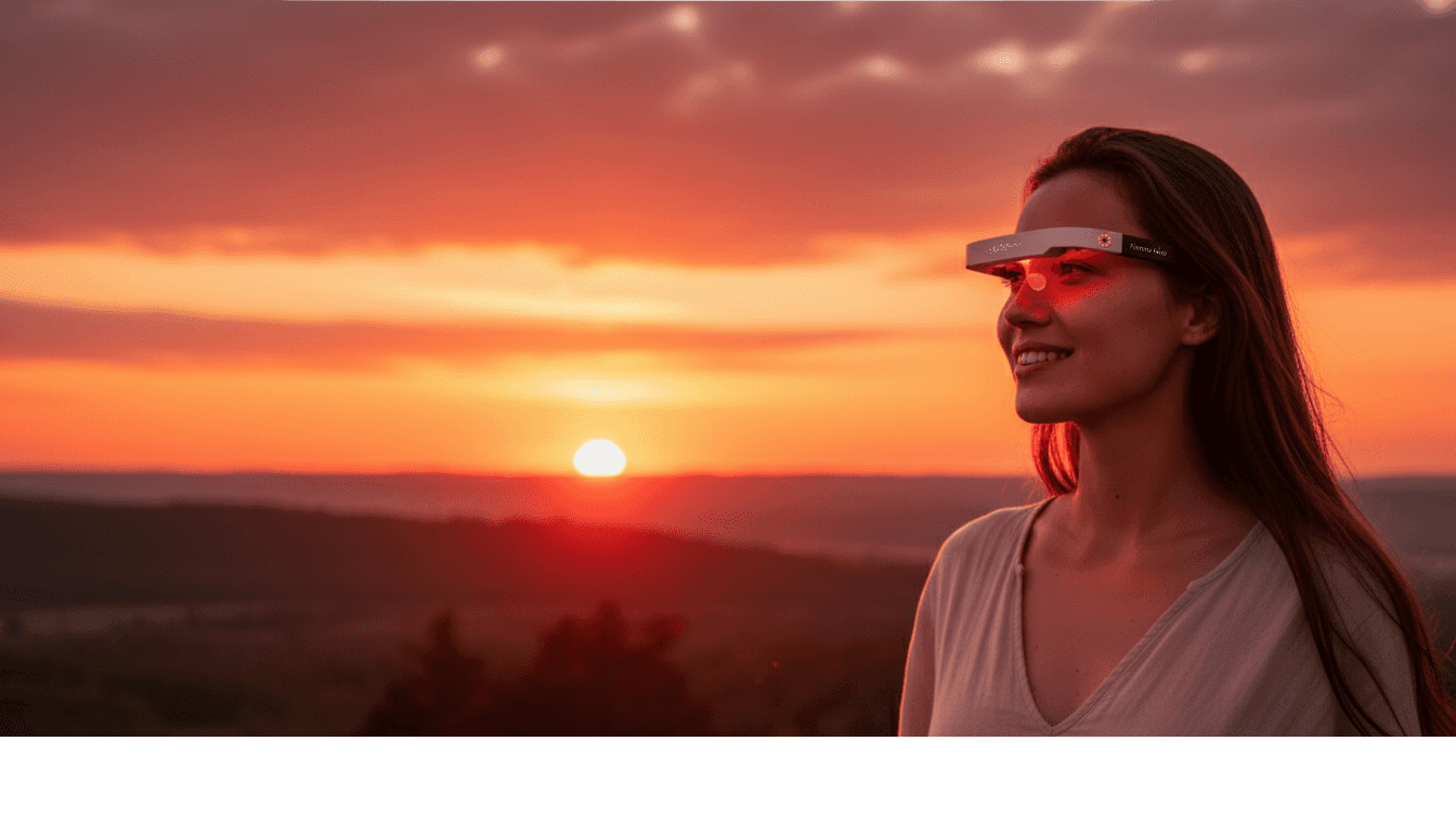 A model wearing Lumofield Glasses during golden hour showcasing the resemblance of the red light and sunset.