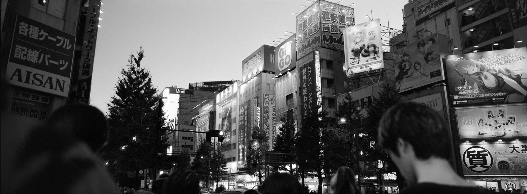 Akihabara Tokyo in the early evening, panoramic photo print captured on Hasselblad XPan, Japanese people in foreground and buildings in the back