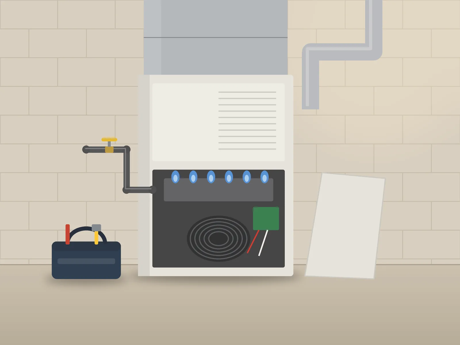 Basement furnace with its lower panel removed and a tool bag on the floor