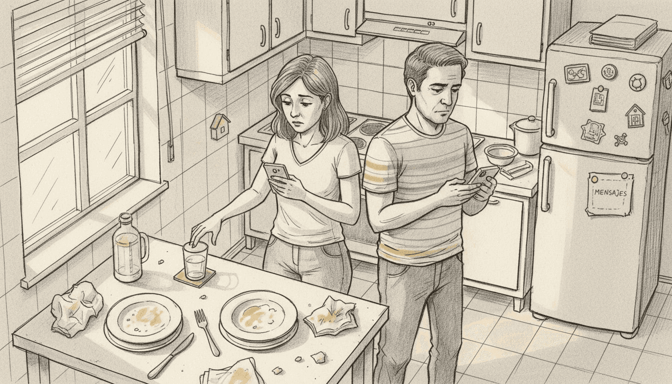 Una pareja entretenida y ajena al mundo en una cocina diminuta