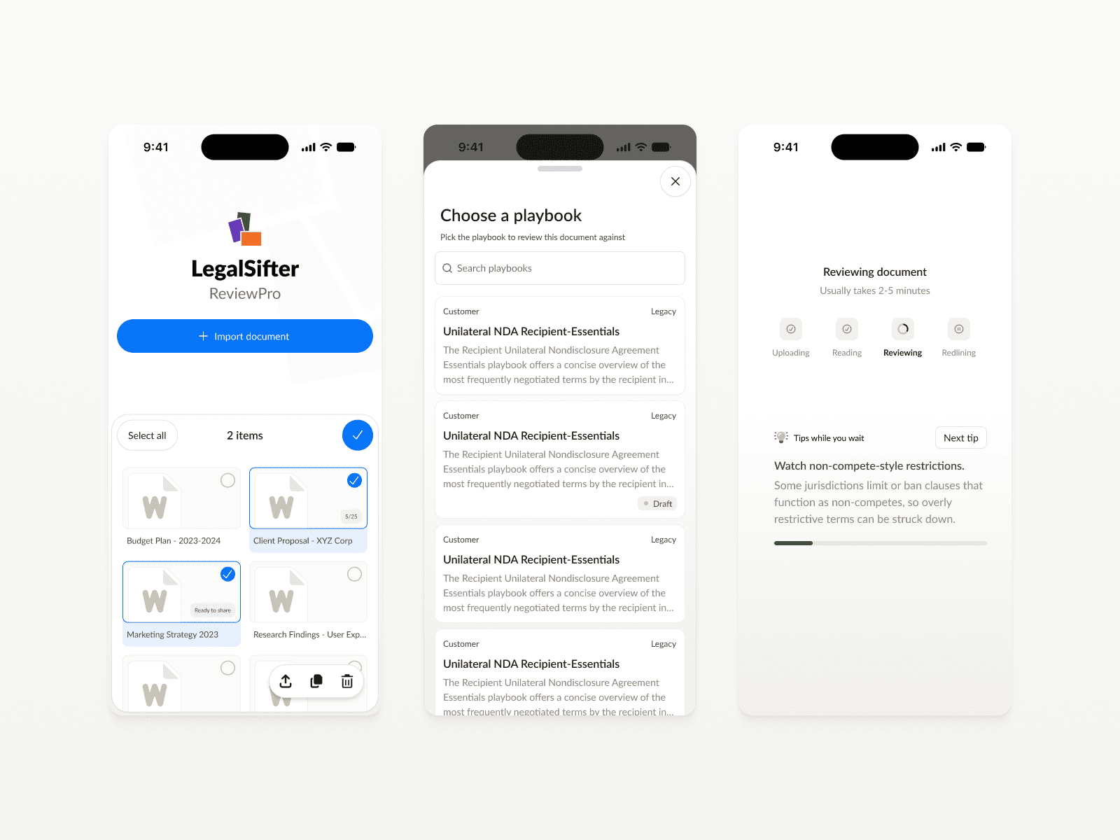 LegalSifter app screens for selecting a document, choosing a playbook, and tracking review progress