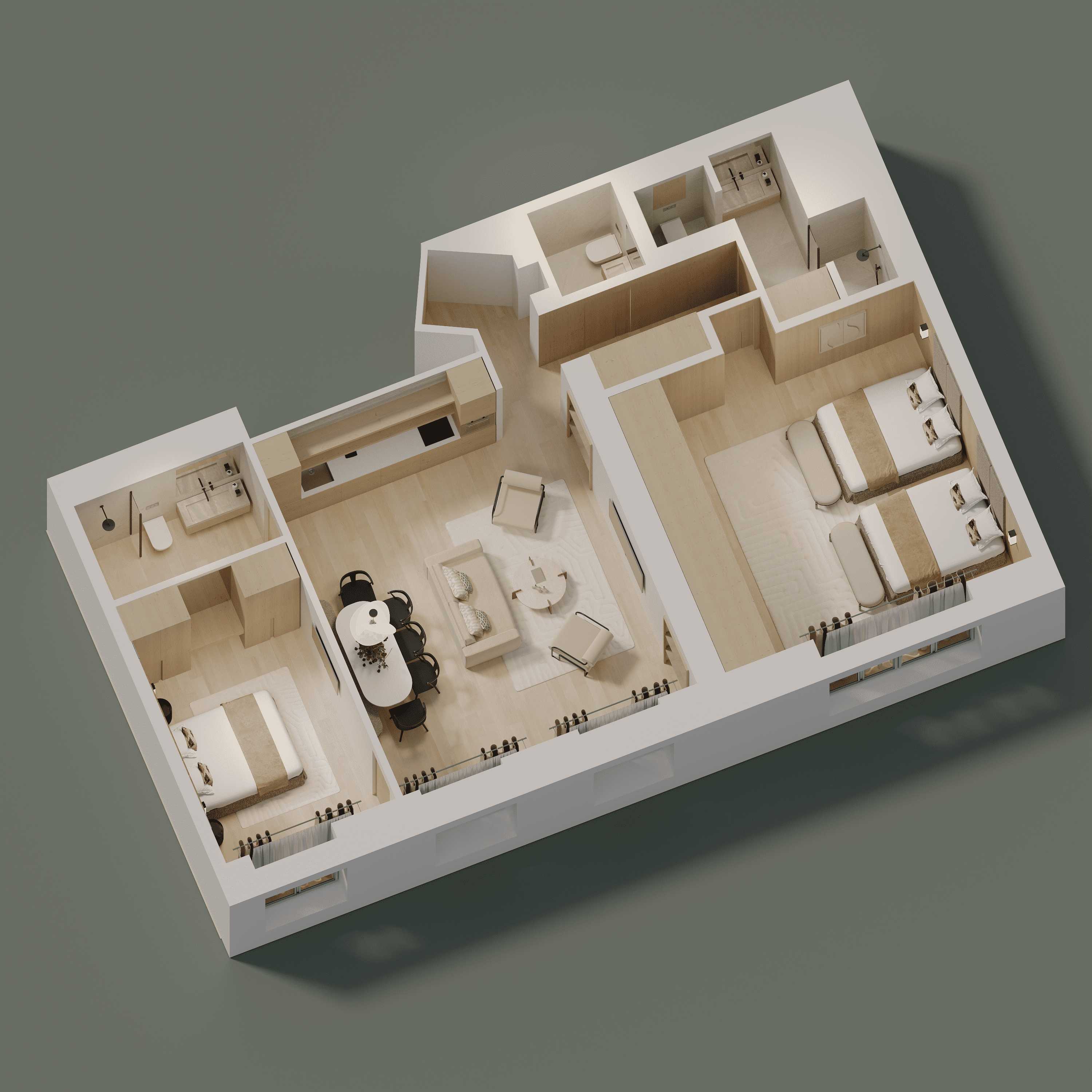 Plan 3D de l'appartement avec deux chambres, salon et salle de bain