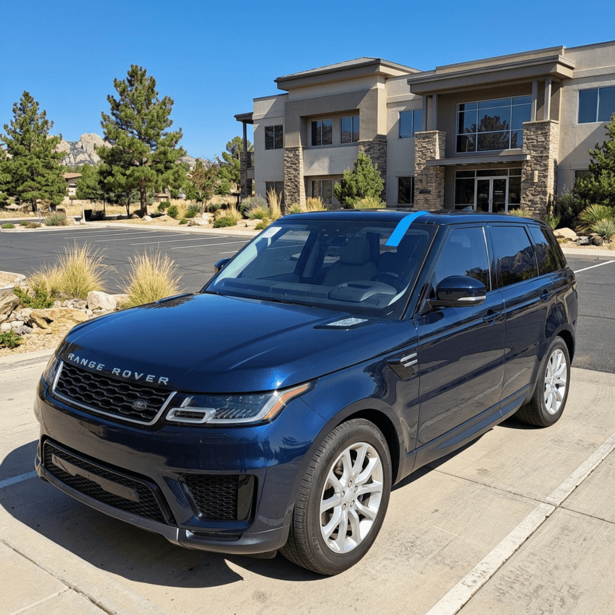 Dark blue Range Rover Sport resting in a Prescott neighborhood after a premium windshield replacement by Bang AutoGlass
