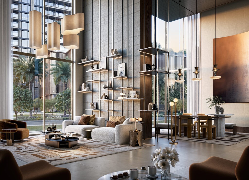 A stylish living room at Creek Haven, featuring large windows with a panoramic view of the city skyline.