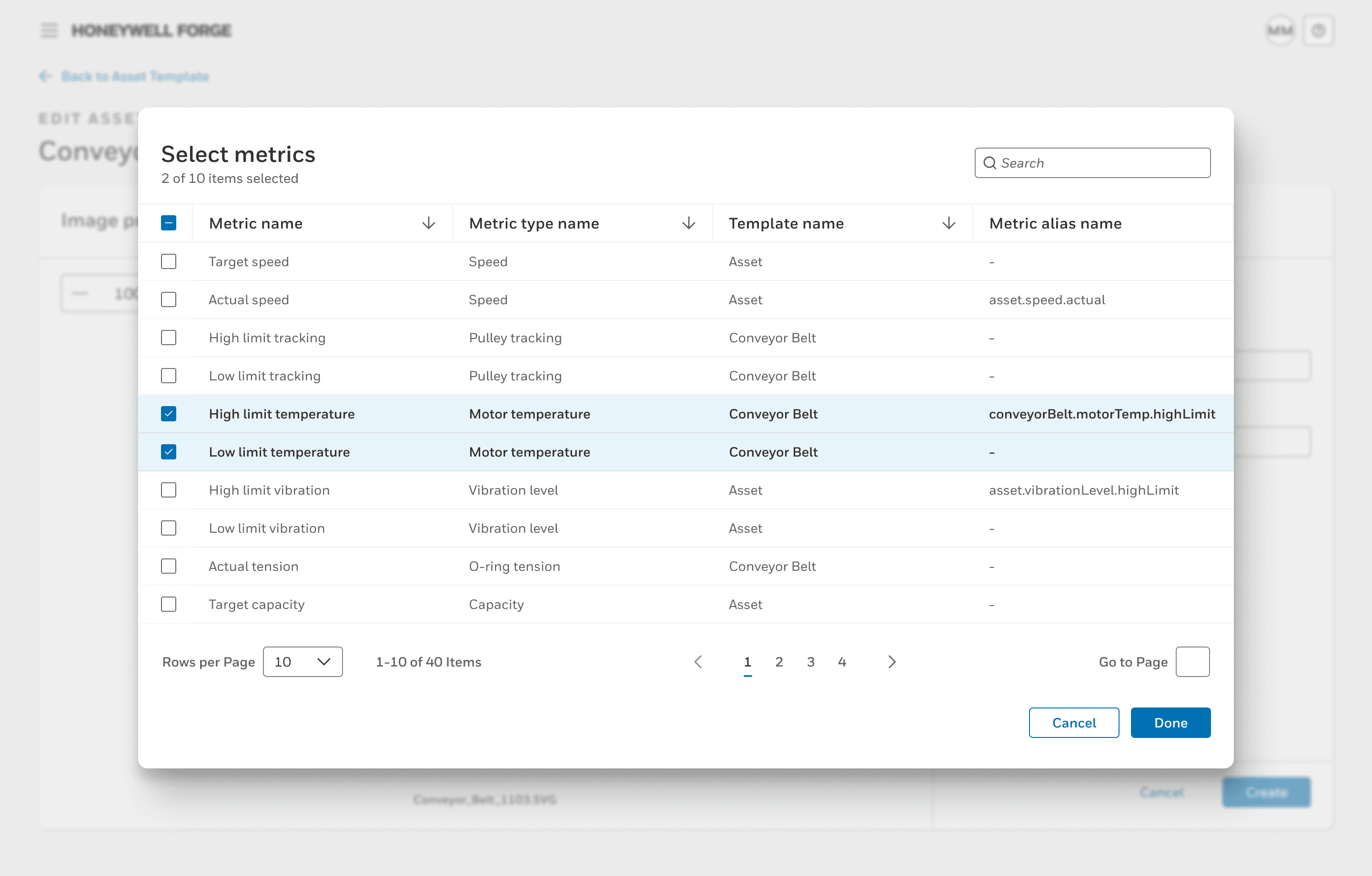 Metric selection modal on top of the image properties page