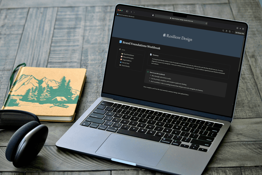 A laptop with the Brand Foundations Workshop displayed on Notion