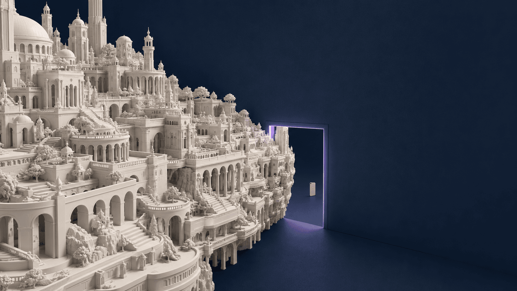 An enormous detailed 3D city too large to fit through a small doorway where a phone waits