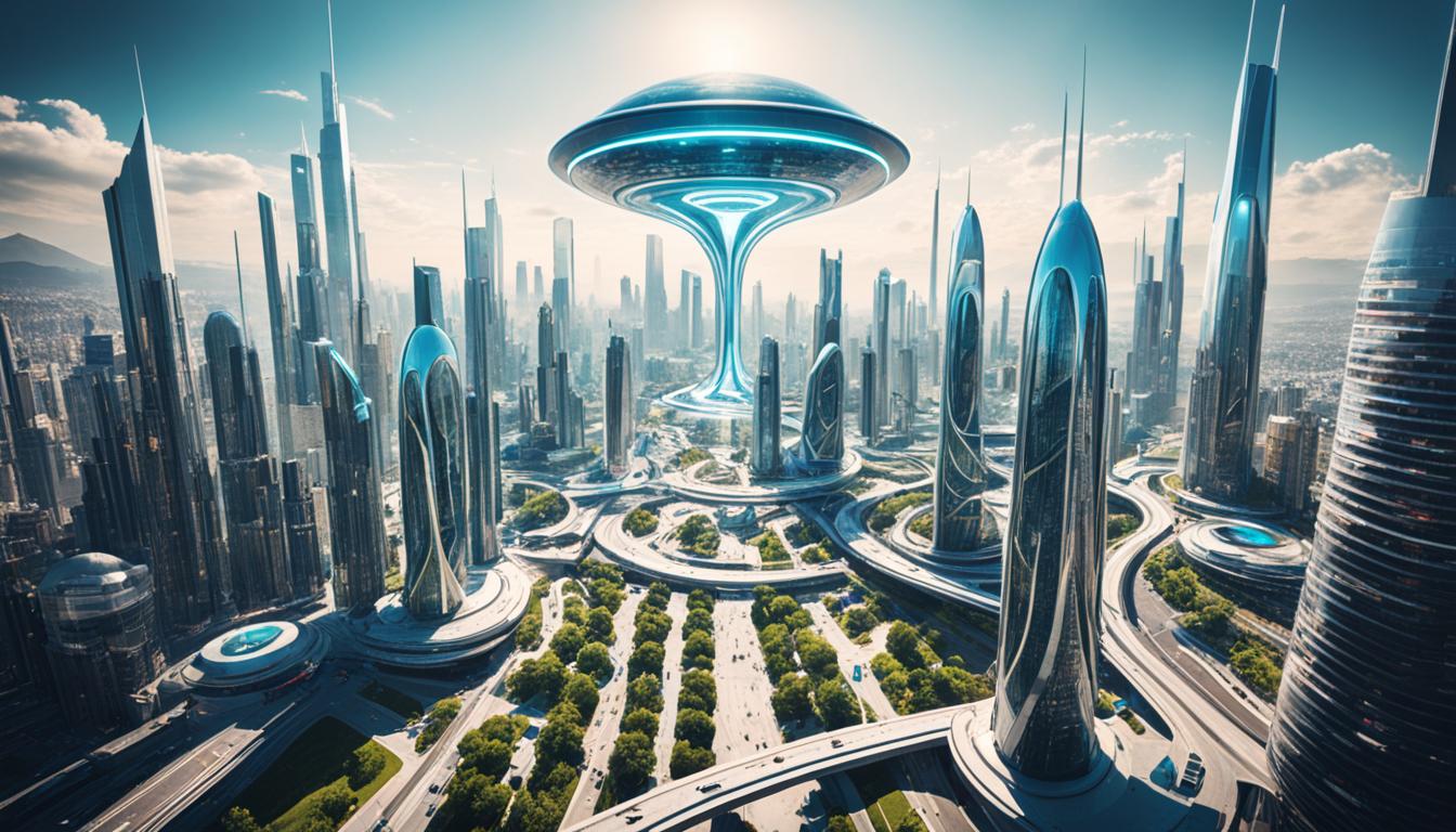 "Visualize a futuristic city where UGC is the primary source of information and entertainment. Show how people are creating, sharing, and consuming UGC on various platforms."