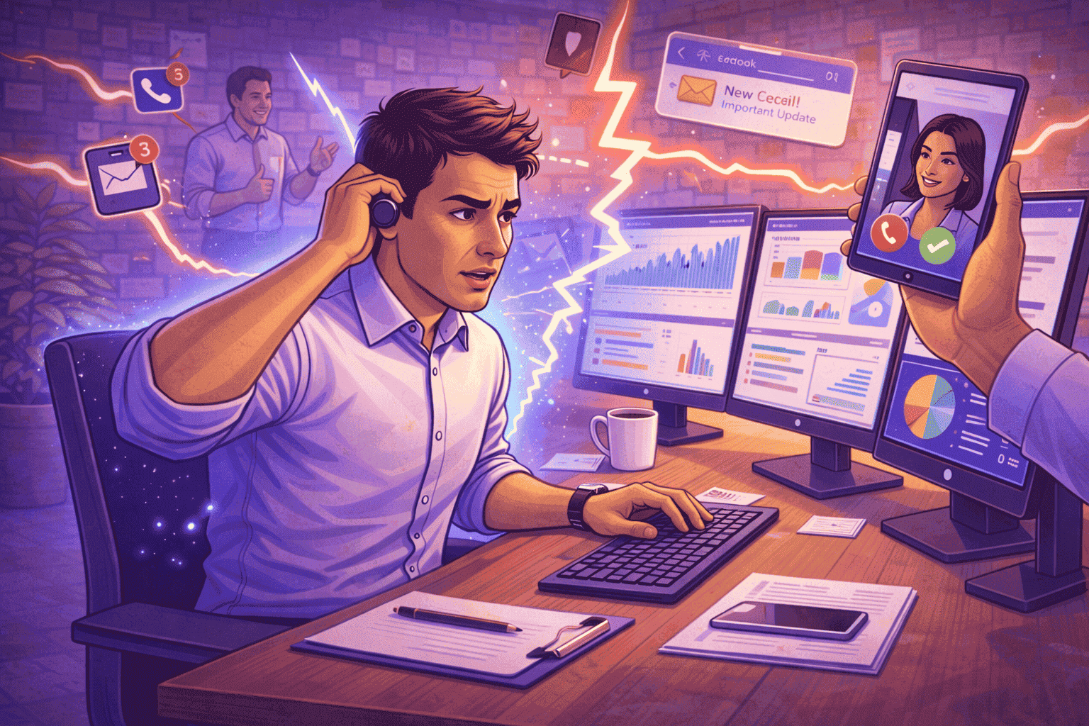 Employee losing focus due to multiple distractions such as notifications, calls, and messages interrupting work in a busy office environment