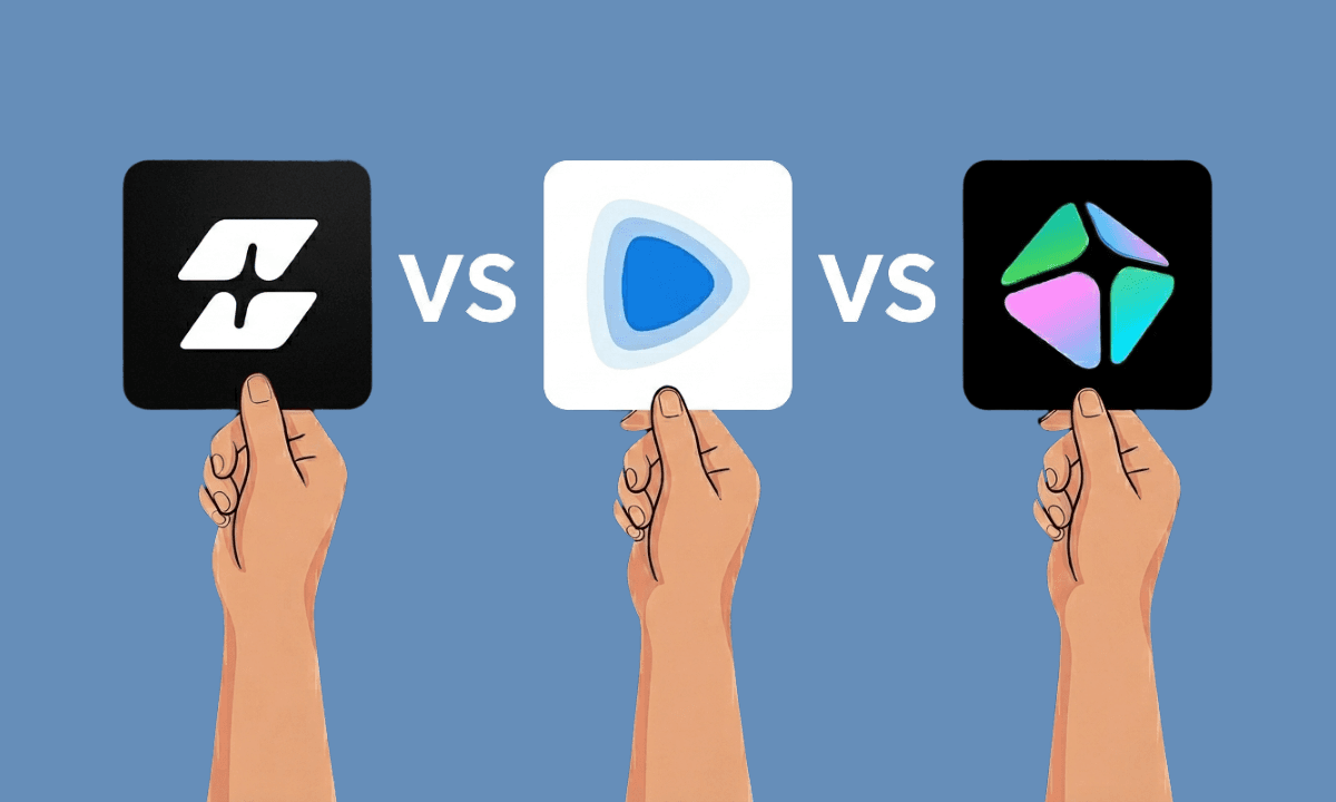 Illustration of three hands each holding up a logo card with bold VS text between them, representing a comparison between Selects, Remotion, and Hyperframes as AI video tools in the 2026 production pipeline.