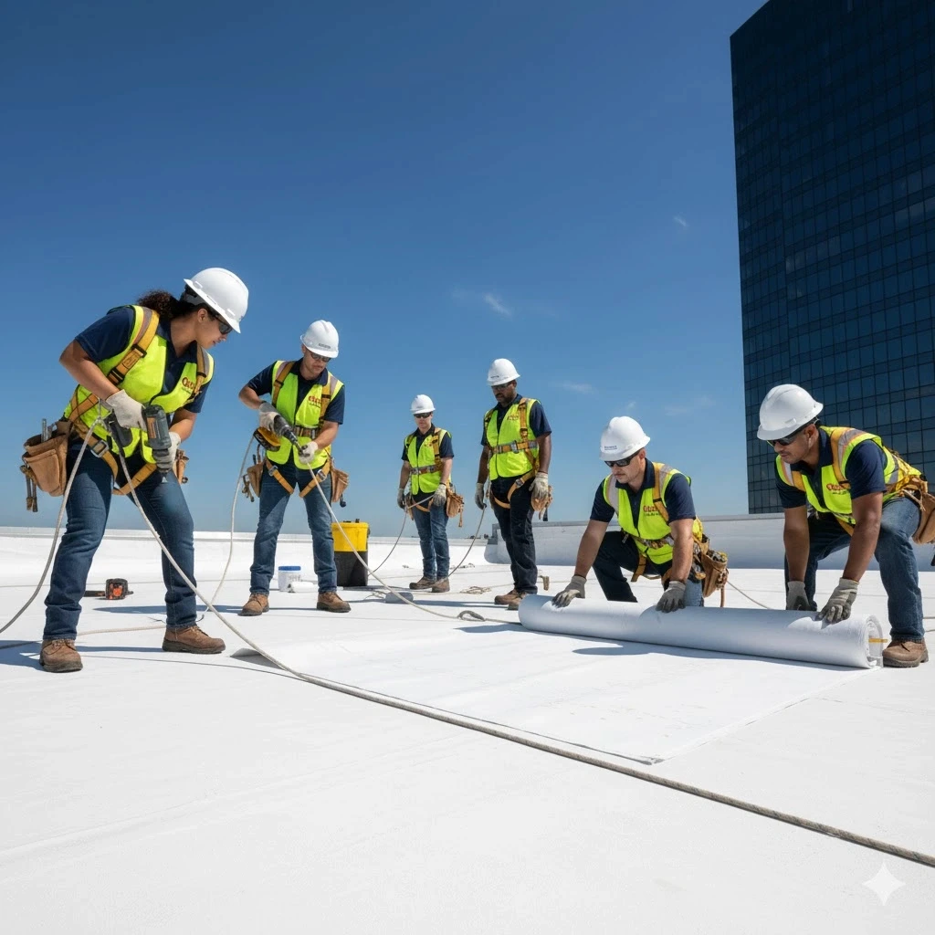 A group of professional roofing contractors working together efficiently on a commercial building roof.