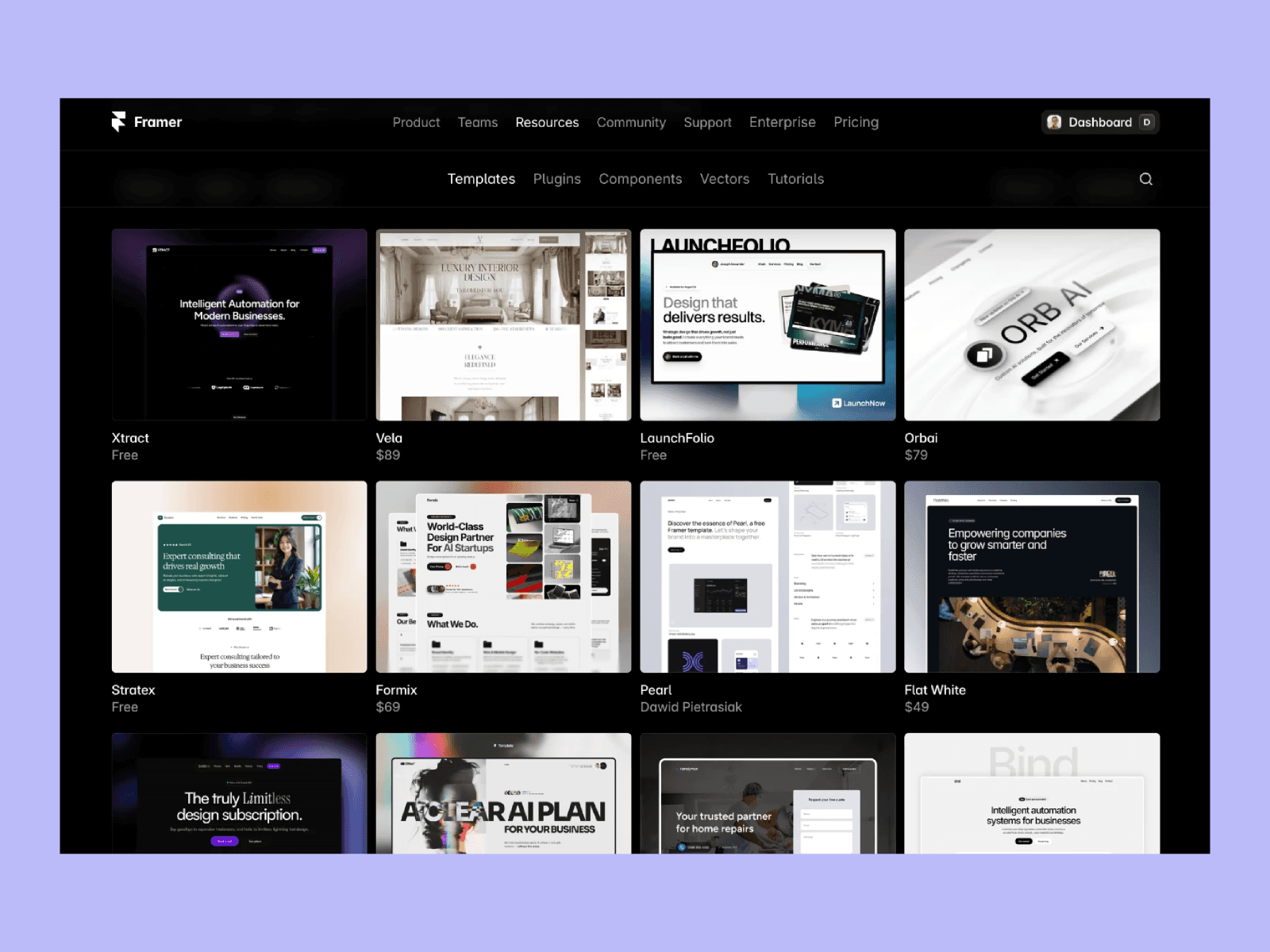 Framer Marketplace templates page showing a dark interface with multiple website template cards