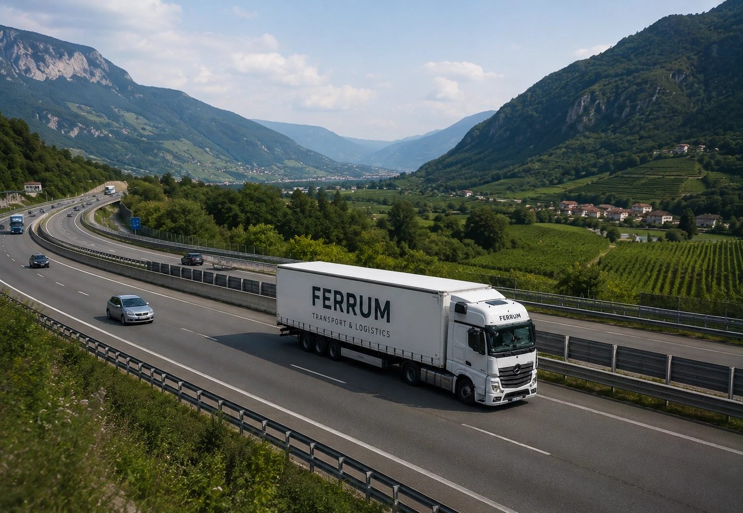 Ferrum-Lkw auf einer Autobahn durch ein grünes Bergtal