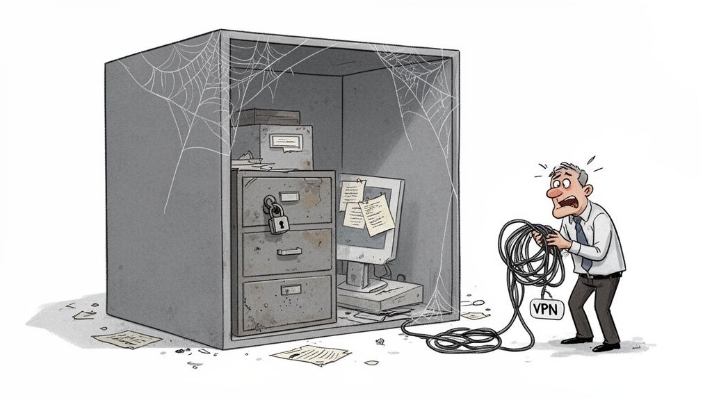 Man holding tangled VPN cable next to dusty, cobweb-filled server cabinet and old computer.