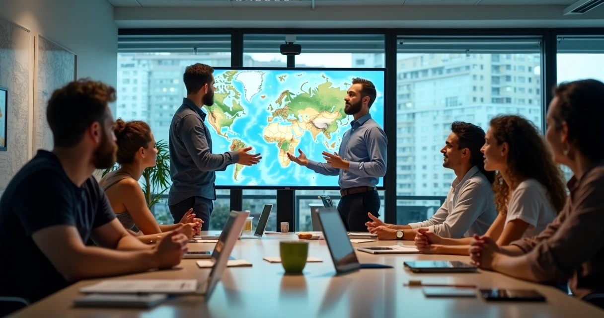 Equipe de jovens brasileiros apresentando startup de turismo
