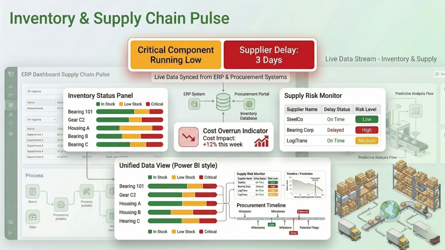 Supply chain dashboard highlighting critical component shortages, supplier delays, inventory status, cost overrun indicators, and real-time procurement risk monitoring.