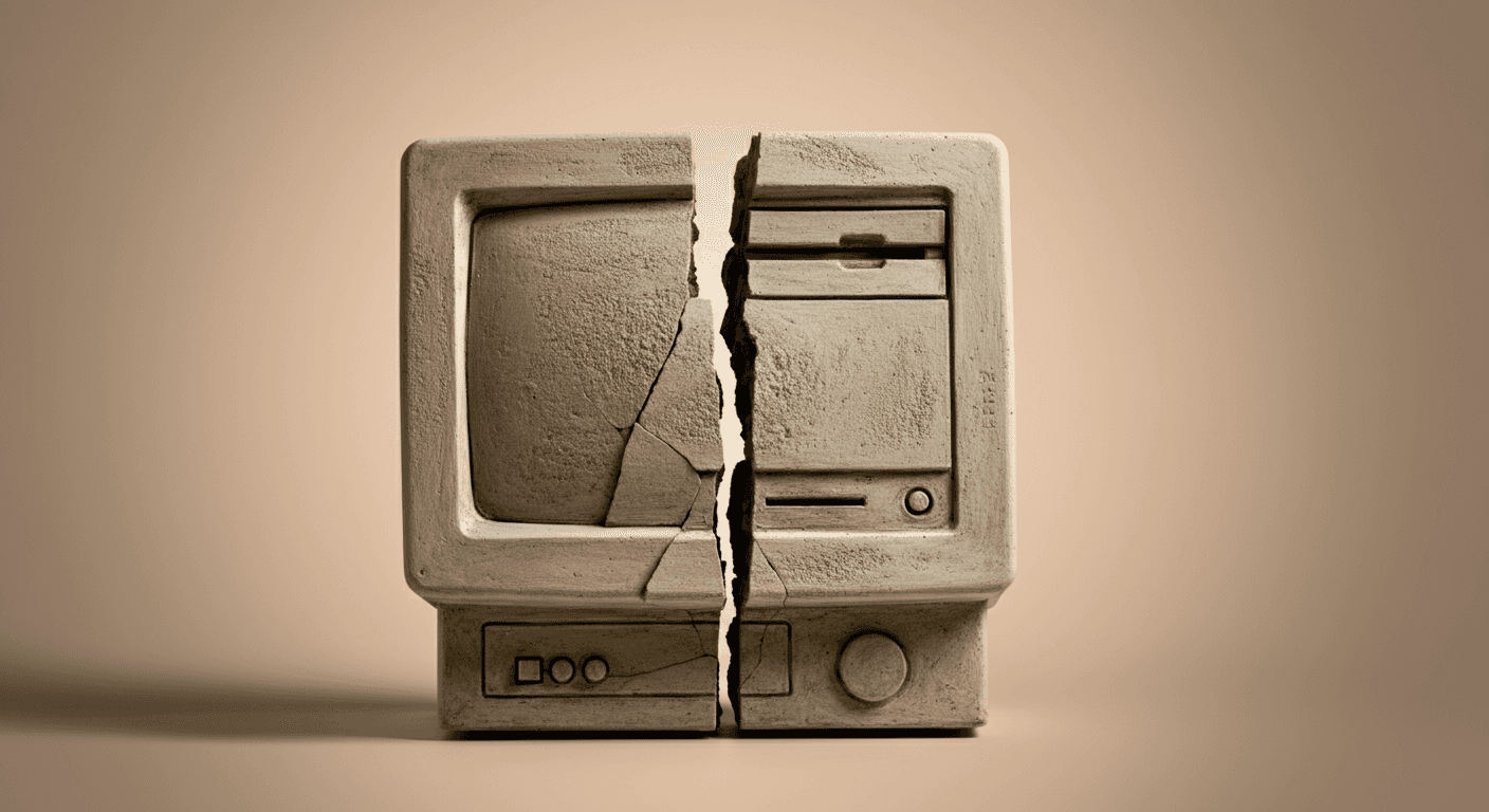 A broken computer monitor made from concrete