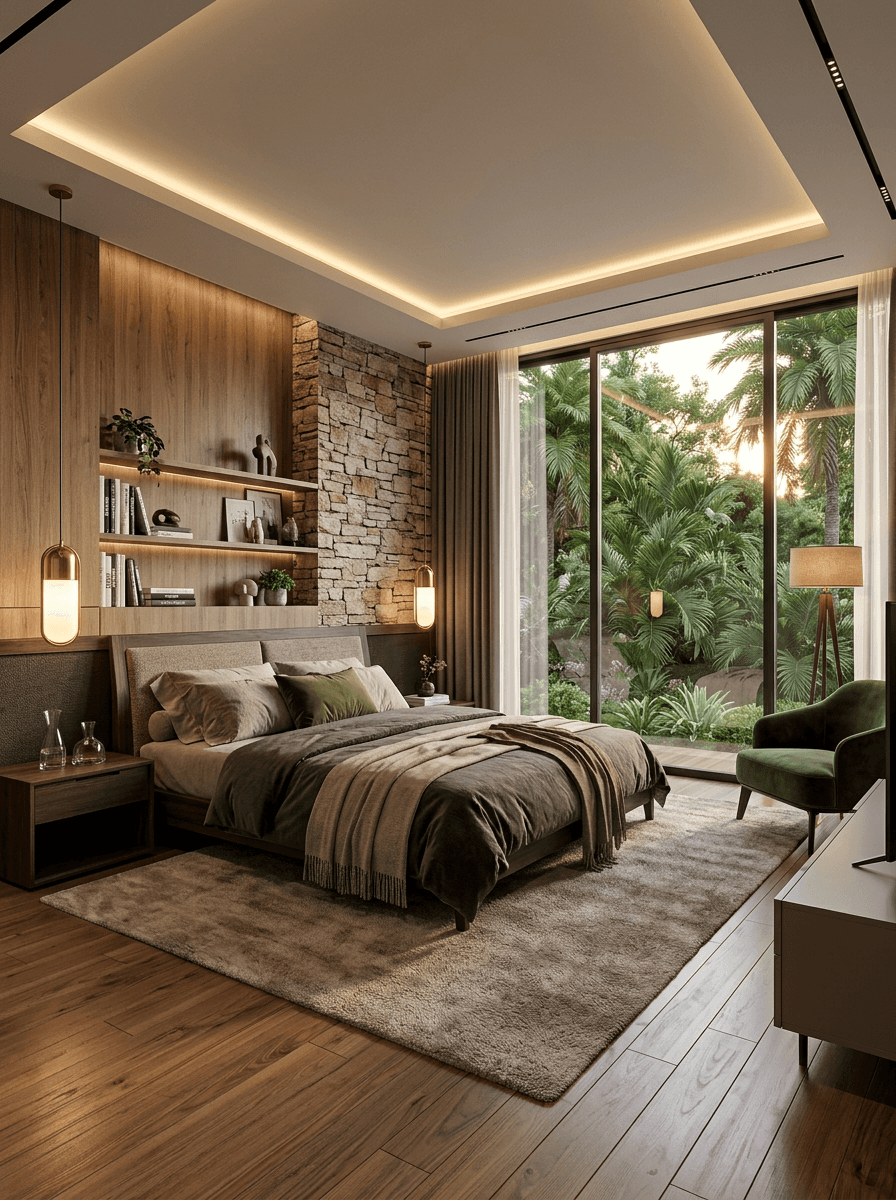 Modern bedroom with stone accent wall and tropical view
