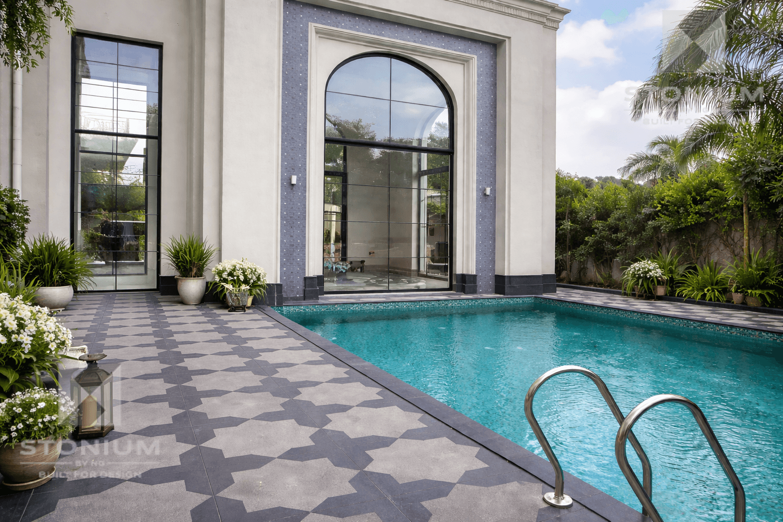 Close-up of Gazelle stone tile showing concentric curved line pattern and textured finish