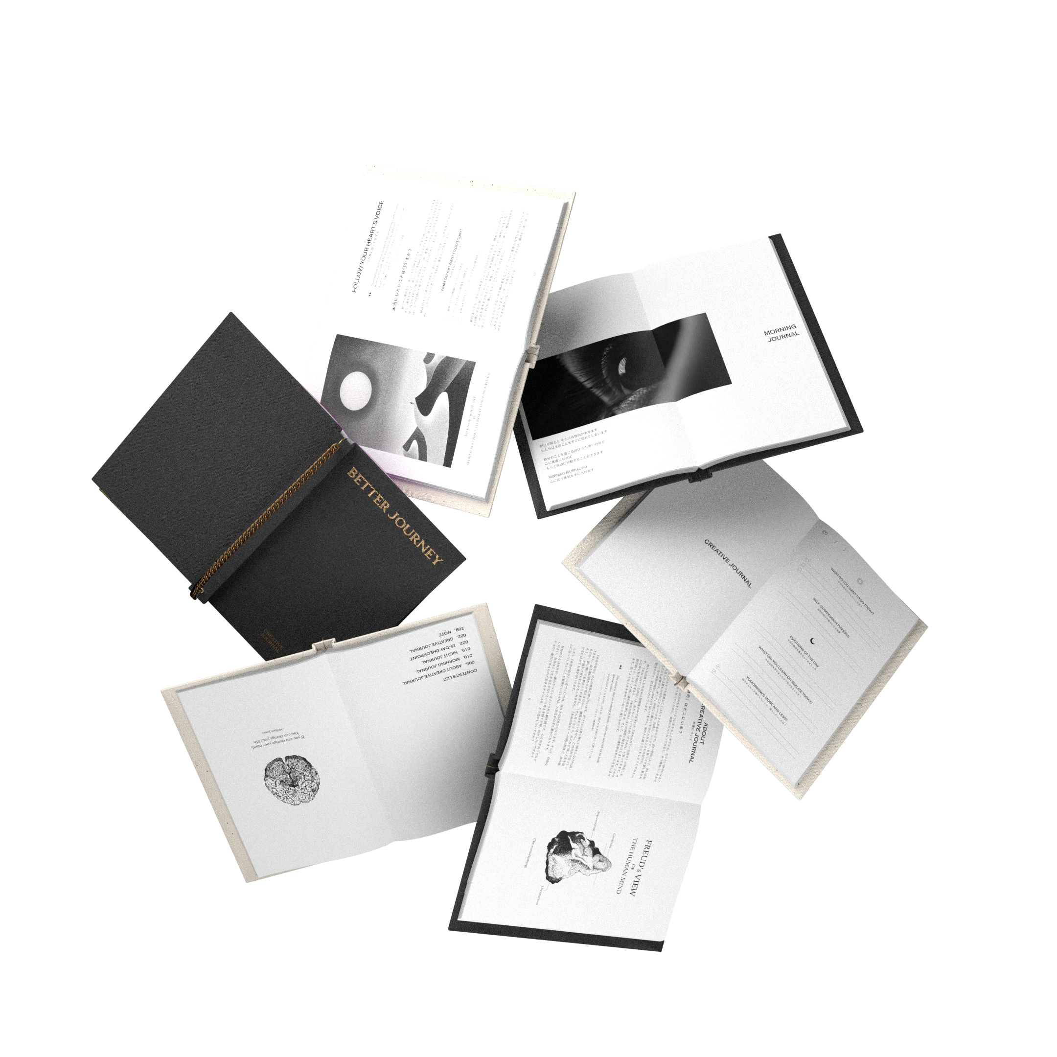 Multiple open pages of BETTER JOURNEY Creative Journal, displaying various prompts and layouts for self-reflection and journaling