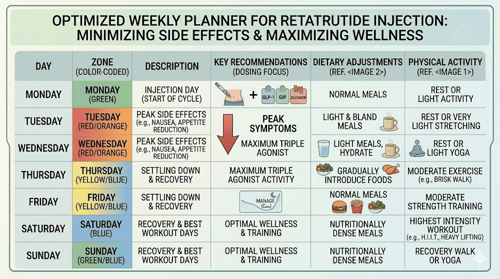 Sample weekly retatrutide injection timing schedule with activity planning