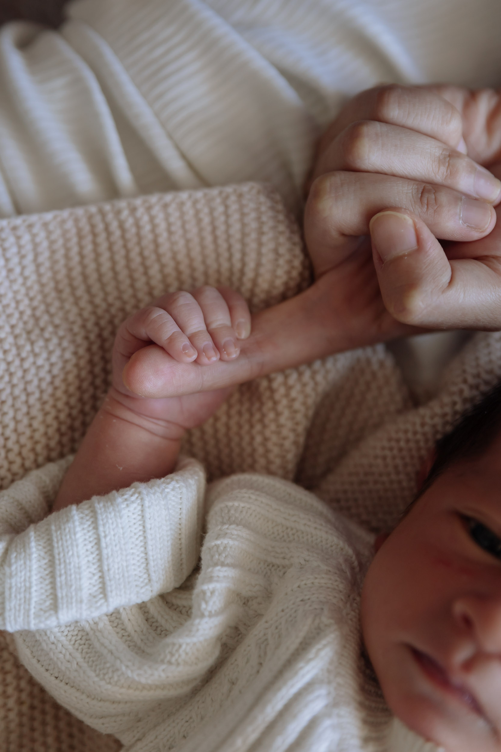 Close up of Newborn baby holding parents finger in Mackay