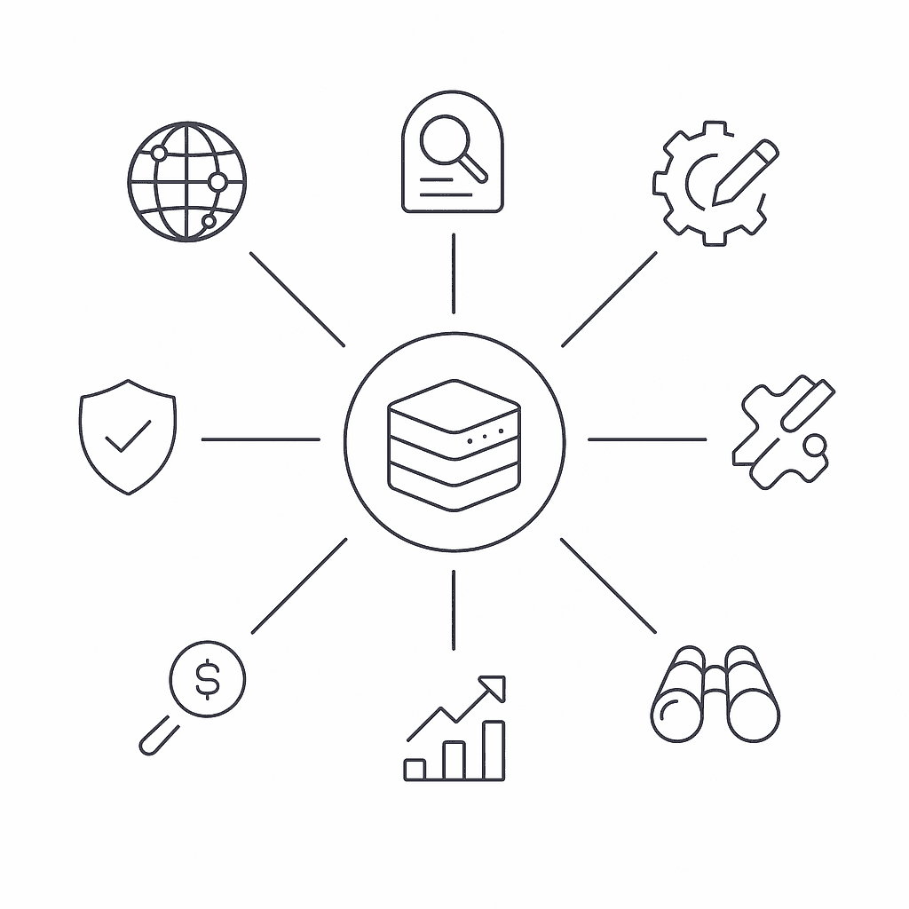 Diagram of a central GEO platform node connected to seven surrounding criterion icons