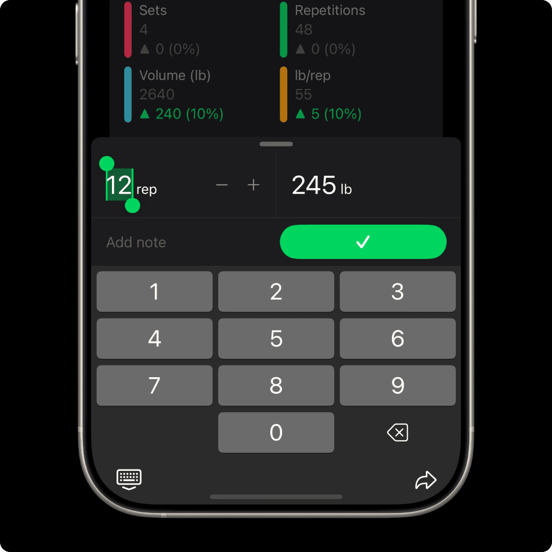A smartphone screen displaying the Setgraph workout tracking app focused on "Abdominal Crunch." The upper section lists past sets with timestamps, repetitions, and weights, such as "8 reps, 90 lb." Below, an input interface allows users to adjust repetitions and weights using "+" and "-" buttons or a keypad. The current set is set to "8 reps" at "90 lb," ready to be recorded with a green "Record Set" button. The sleek design provides a seamless way to log workouts.