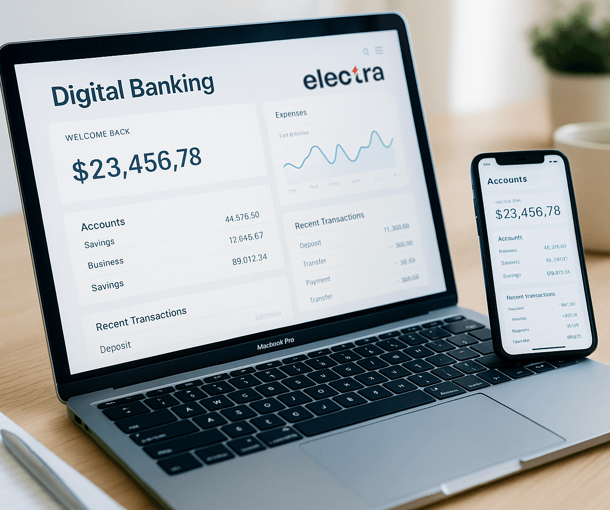 Internet and Mobile Banking solutions displayed on a wooden desk