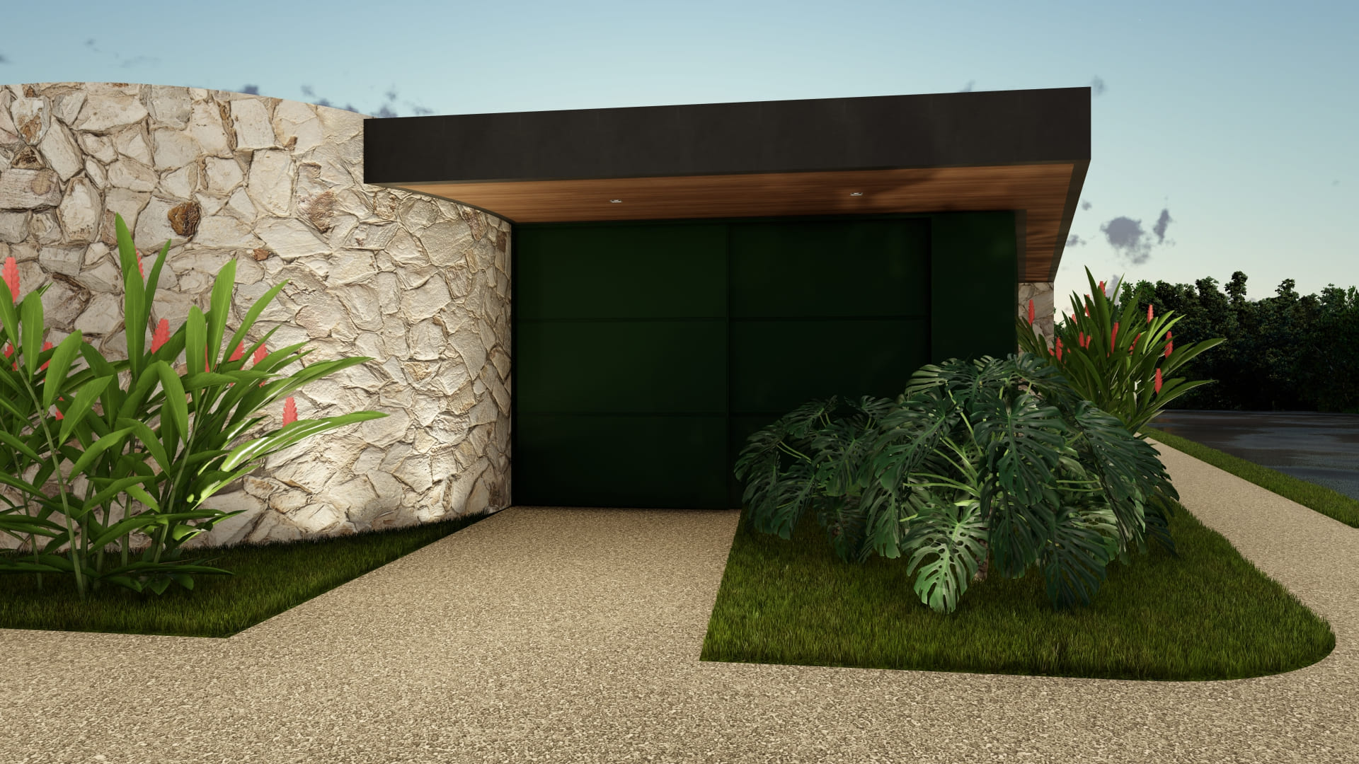 Projeto arquitetônico de casa de festas desenvolvido pela Meraki Arquitetura, com salão principal, forro curvo e claraboia voltada para o sol da manhã.