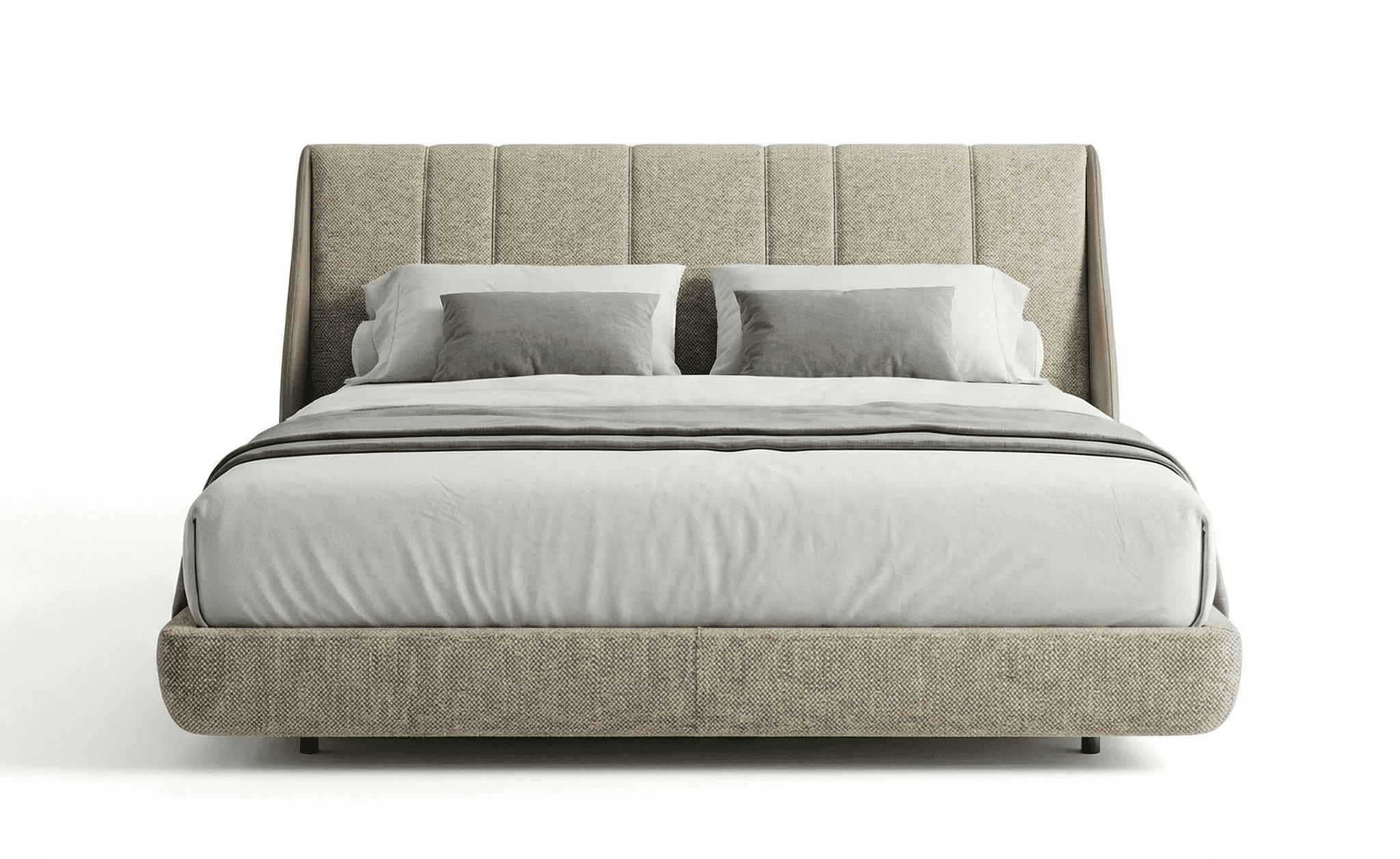 Upholstered bed with wide headboard panel, layered cushioning, and linear detailing