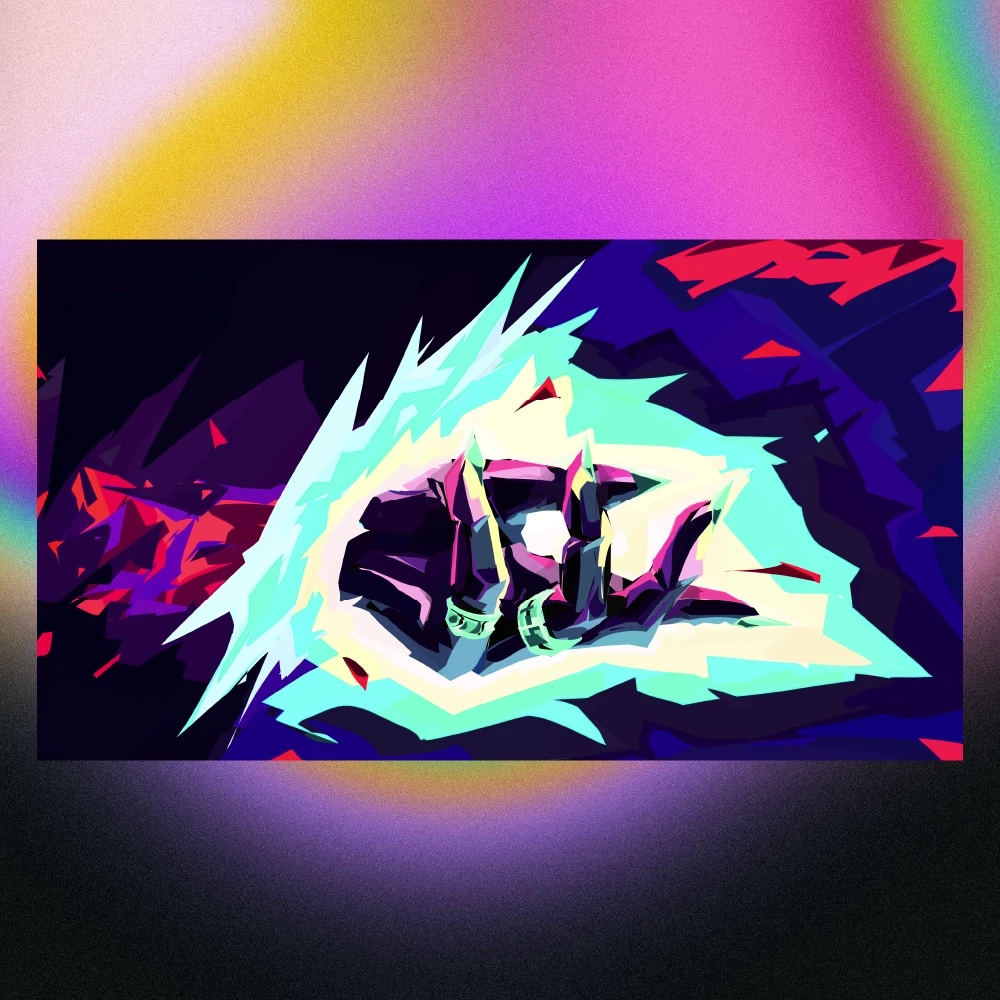 Digital artwork in a vector graphic style. A hand with pointed, claw-like fingers and a green ring extends in a glowing, turquoise light. The motif is set against a dark background with abstract red and blue fragments.