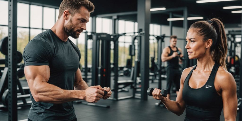 Personal trainer guiding client in gym