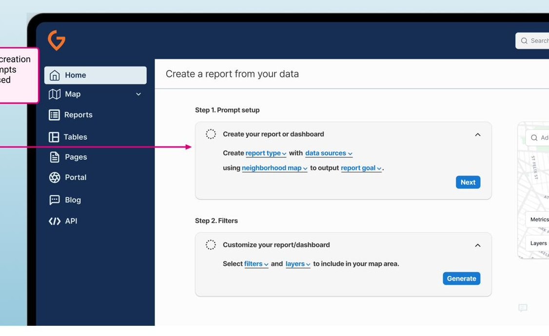 Guided report setup screen with Mad Lib style prompt