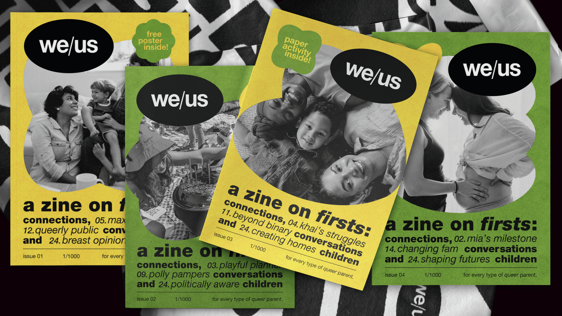 A laptop displaying a yellow background with various black and white dog images, each featuring a green sticker that says “WE’S HERE” and a white text box that invites sharing. The background consists of a dark gray concrete wall and surface.