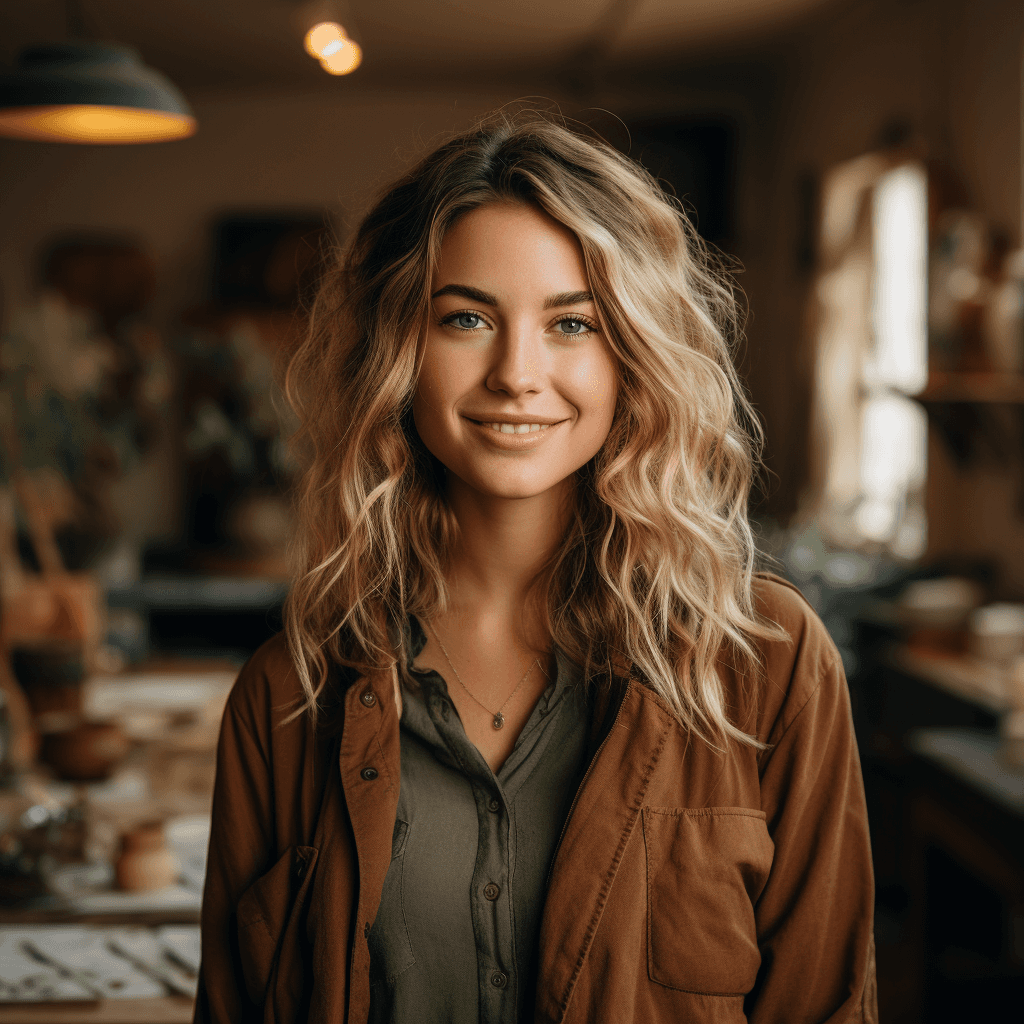 A woman with wavy blonde hair smiles warmly in a cozy room filled with natural light, wearing a brown jacket over a green shirt; the space is decorated with plants and artwork, creating a serene, artistic atmosphere.