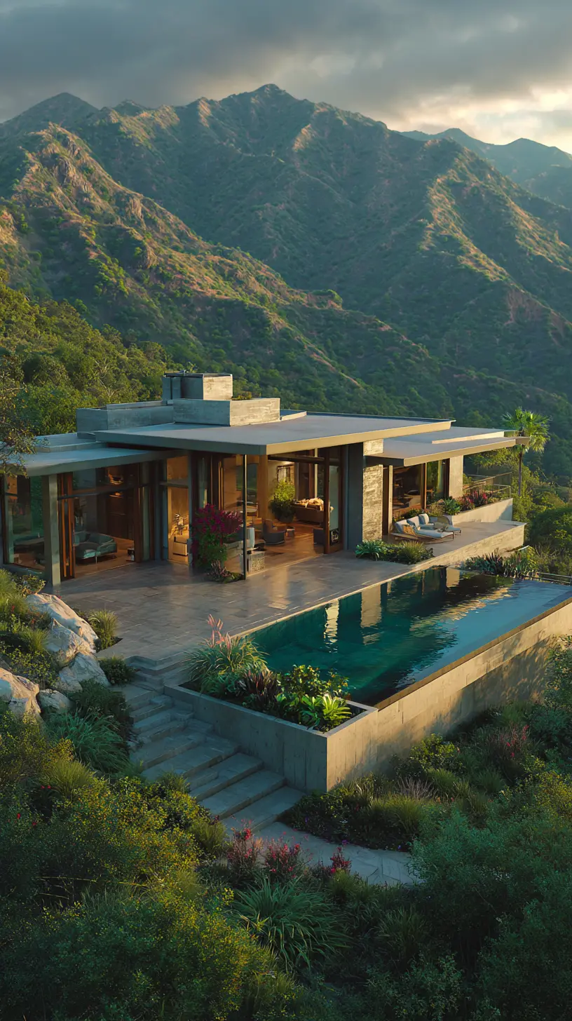 Luxury seaside villa with infinity pool and mountain views, presented in a mobile real estate mockup.