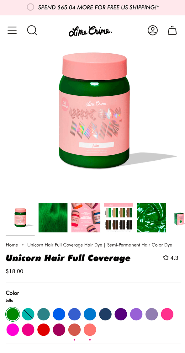 Mobile Shopify product page for Lime Crime showcasing shade selection and colour variants